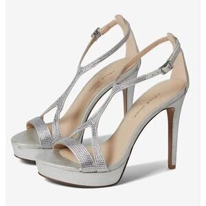 Pelle Moda Onora Sandal‎ Size 9 Silver Metallic Suede Ankle Strap Rhinestone